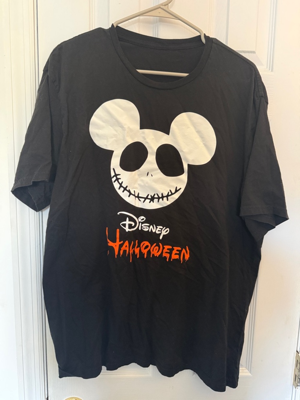 Disney Black Tee with White Mickey Skull and Orange Halloween Text
